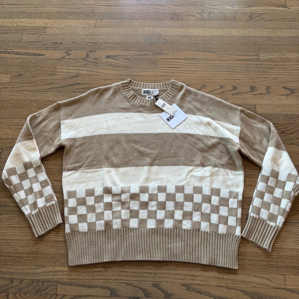 Beach Riot Womens Taupe Striped Checkerboard Knit Sweater Size Medium NWT